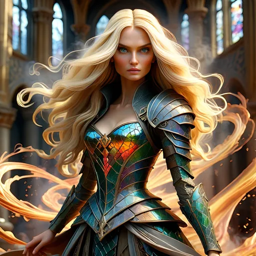 Prompt: In the creative style and detail of Leonardo Da Vinci create a highly detailed, ultra high definition photo-realistic image of a gorgeously stunning beautiful otherworldly slender fictional fantasy woman, casting magic nuclear blasts, with flowing blonde hair, ample cleavage, body surrounded by magical swirling mist. 

Wearing full dragon scale armor (random pose) pulling magic from a foes heart in a marbled mosaic temple hall of a Majestic castle, maintaining a magic casters alluring pose. Full body, centered, fantasy setting, character concept, cinematic, colorful background, concept art, dramatic lighting, highly detailed, hyper realistic, intricate sharp details, octane render, smooth, ultra studio lighting, perfect shading and shadows, trending on art station, 64k, HDR, unreal engine, emotive, cgi, animated, character art, iridescent, metallic.