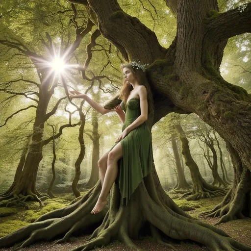 Prompt: Create a full body magical scene in an ancient forest with a majestic oak tree as the central element. The oak's gnarled roots and broad weathered trunk should evoke a sense of time and wisdom. As the sun sets, casting amber and rose hues in the sky, depict a young beautiful dryad emerging from the tree. Her lower torso and both legs are seamlessly embedded into the oak as part of the trunk, while her upper torso and chest covered in moss that accentuates her human form as light bark color covers her skin as she resembles an ethereal young woman with brunette hair tangled with leaves and oak twigs her sparkling emerald eyes are open wide. She is in a serene pose, holding tightly onto a Pixie the slightly taller than her hand. Delicate oak blooms adorning her fingers as new growth. The atmosphere should capture the bond between nature and spirit, emphasizing themes of growth, magic, and beauty, embodying the forest itself.