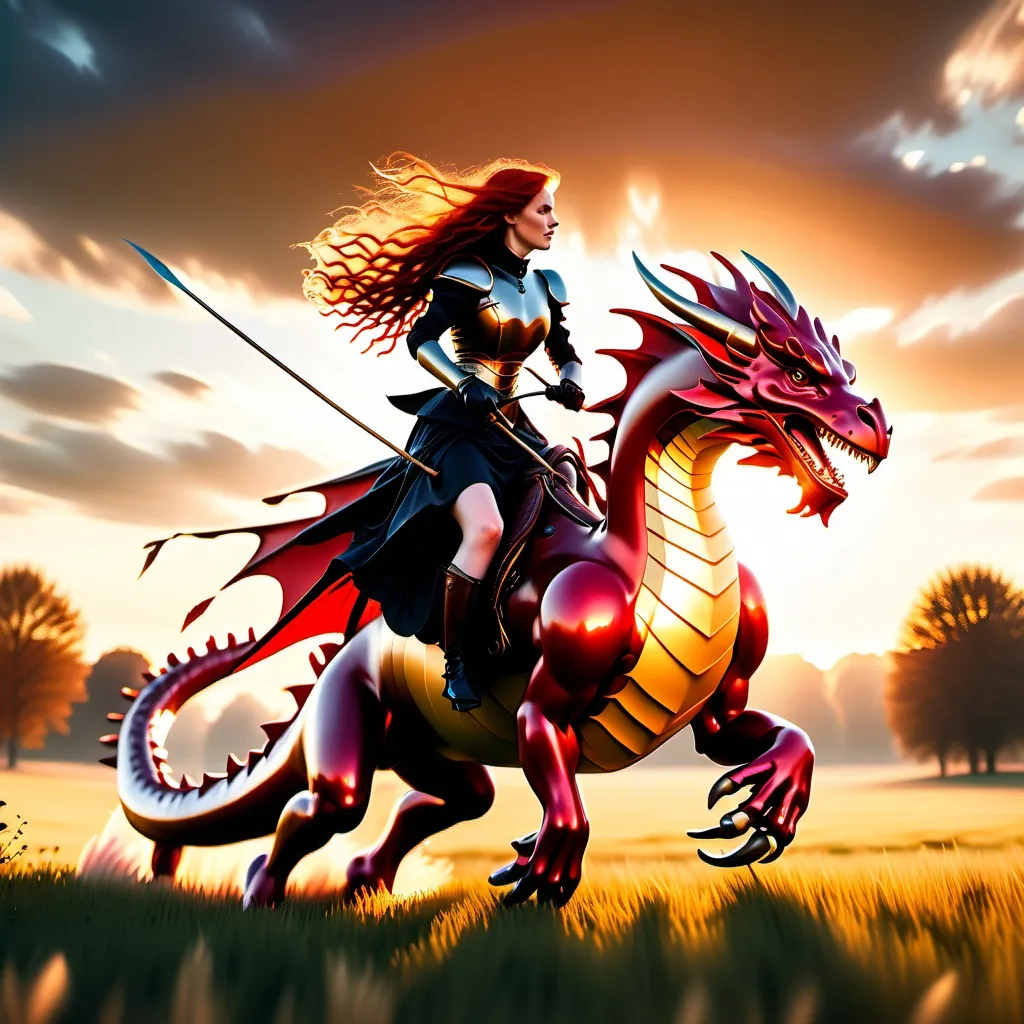 Prompt: Wide angle, photo realistic image of a gorgeous Victorian Era Warrior Woman with long flowing red hair, riding on the back of a red and gold 6 legged dragon flying over a meadow at Sunrise.

Golden hour warmth. Dynamic, mysterious lighting, shimmering bokeh on her skin. Free-flowing brush strokes, reminiscent of John William Waterhouse. Best quality. 8k resolution. Masterpiece. Incredible detail. Hyper-realistic vivid digital art influences. Stunning color palette. using gold Triadic colors. Cinematic film still.