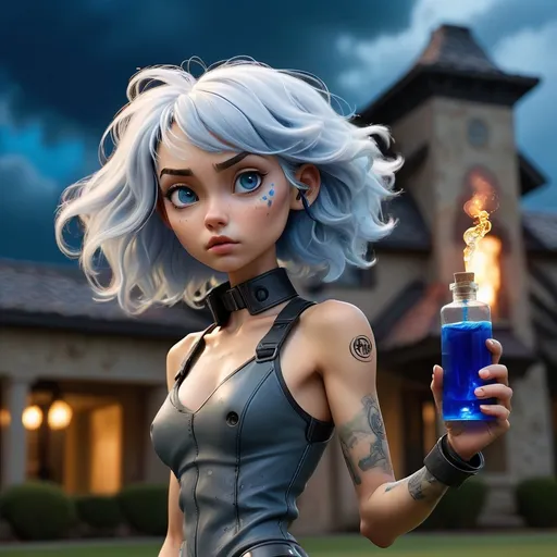 Prompt: Full body, Modern 25-year-old ultra petite woman, attractive), (random color hair, long natural hair), ((soft ultra petite feminine chest features)), (soft boyish facial features), exquisitely small waist, battle scarred, wearing futuristic tight full body survival outfit and gear, (black steel collar), (standing outside a country club in an apocalyptic setting). holding a gaseous vial of blue liquid. A swirling magical portal in the background.

Dramatic contrasts of light and shadow,  (highly detailed), (HD), evoking a blend of elegance and technology.