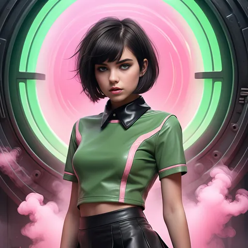 Prompt: (ultra realistic digital art), 20-year-old feminine male, (alluring soft facial features), wearing a short black leather skirt and (short green midriff blouse), (black leather collar), shoulder-length bob cut hair in an attractive random color, surround by a Pink colored smoke rising from the ground, a sci-fi style gateway similar to star gate 1 in background (vibrant colors, detailed textures), (emotionally engaging essence), captivating gaze - ultra-detailed, HD quality, with a whimsical background that enhances the enchanting atmosphere.