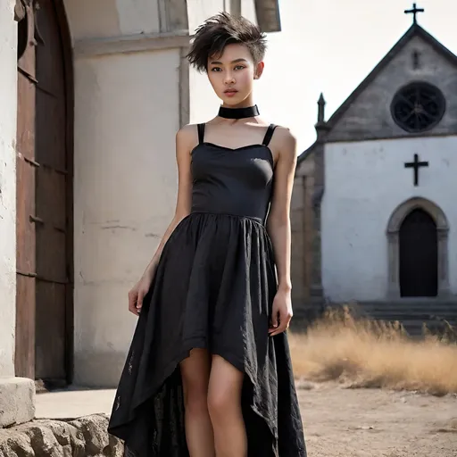 Prompt: Full body, Modern 25-year-old ultra petite woman, attractive), (random color random alluring ultra short natural hair), ((soft petite feminine features)), (soft boyish facial features), exquisitely small waist, wearing old dirty and tattered evening gown, (black steel collar), (standing outside with a single country chapel in the background)

Dramatic contrasts of light and shadow,  (highly detailed), (HD), evoking a blend of elegance and technology.