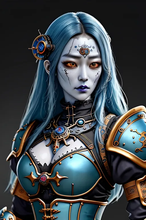 Prompt: Create a highly detailed AI defined design of a medieval undead fantasy character, symmetrically sensuous, perfect highly detailed Korean warrioress, quality medieval setting, detailed decaying body, inspiring vibrant colors, steampunk style background, masterpiece:1.4, best quality:1.0, photo realistic