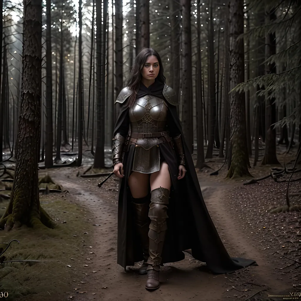 Prompt: Create a highly detailed AI defined image of a highly detailed beautifully stunning medieval fantasy female Ranger in a fictional Dark fantasy forest realm fighting shadow demons. Wearing alluring robes and leather armor, lighting from nearby fires,

wide landscape lense, ISO 500, Aperture f/22, APS-C, Splash art, dark fantasy art, stunning bokeh, cinematic lighting and scale, super detailed, 64k, high quality perfect lighting, perfect shadows.