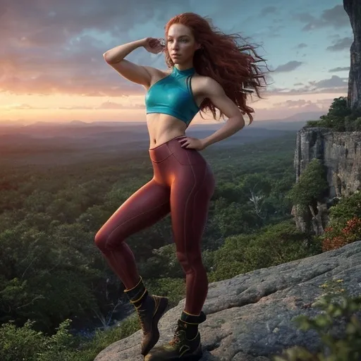 Prompt: Wide angle, (visionary fantasy art) photo realistic image of a super cute young adult woman, beautiful shoulder length curly red hair, beautiful, slim, slender and athletic body. 

Wearing a Lycra crop top and low cut form fitting spandex leggings, hiking boots. 

Confidently and dynamically posed atop a rock on a mountain, peering outward during a vibrant and gorgeous sunrise. showcasing determination, (high-quality digital rendering), 

Vibrant colors that evoke adventure, dynamic lighting illuminating the woman majestically, imaginative and lush highly detailed, high rugged mountain landscape with a large waterfall cascading behind her, reminiscent of epic tales.

Golden hour warmth. Dynamic soft lighting, shimmering bokeh. Best quality. 8k resolution. Masterpiece. Incredible detail. Hyper-realistic vivid digital art influences. Stunning color palette. Triadic colors. Cinematic film still. Legendary fantasy heroine.