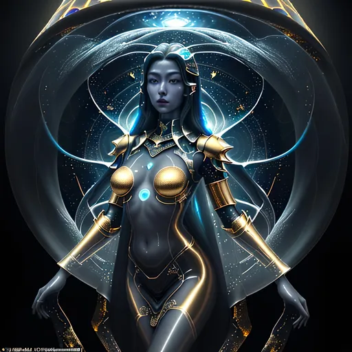 Prompt: splash art, hyper detailed, hyper realistic, highly detailed, dark, surreal heavy mist, floating at the edge of the Universe, in an alien observatory spaceship, create a 50% transparent computer generated hologram of an exquisite, beautiful, totally ultra realistic young adult Asian Time lord Princess, wearing smooth Obsidian and Gold armor, Gorgeous detailed facial features, long legs, vibrant sumptuous, perfect body, ultra pale, visible midriff, magically created armor, heavy iron collar, Perfect studio lighting, perfect shading, impeccable contrast, HDR, UHD, high res, 64k, cinematic lighting, special effects, hd octaneArtgerm, WLOP, dynamic studio quality lighting hyper-detailed, intricately detailed, Splash art, trending on Artstation, triadic colors, Unreal Engine 5 volumetric lighting, unreal engine, octane render.