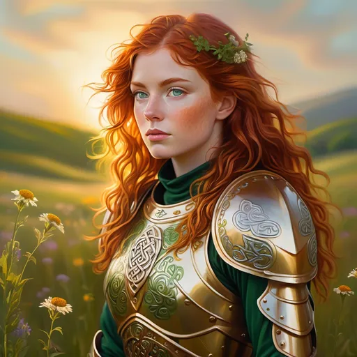 Prompt: Vibrant oil painting. Medium shot. Charli, with wavy red hair, striking green eyes, and golden plate armor, stands in a sunlit meadow of wildflowers, gazing thoughtfully into the distance. Dynamic lighting. Golden hour warmth. Soft, shimmering bokeh on armor. Intricate armor patterns, textures, and patterns of Celtic knotwork. Free-flowing brushstrokes, reminiscent of John William Waterhouse. Best quality. 8k resolution. Masterpiece. Incredible detail. Hyper-realistic vivid digital art influences. Stunning color palette. Triadic colors. Cinematic film still. Legendary fantasy heroine.