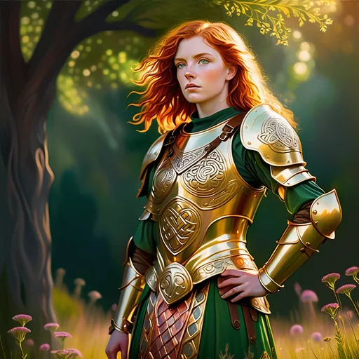 Prompt: Vibrant oil painting. Medium shot. Charli, with wavy red hair, striking green eyes, and golden plate armor, stands in a sunlit meadow of wildflowers, gazing thoughtfully into the distance. Dynamic lighting. Golden hour warmth. Soft, shimmering bokeh on armor. Intricate armor patterns, textures, and patterns of Celtic knotwork. Free-flowing brushstrokes, reminiscent of John William Waterhouse. Best quality. 8k resolution. Masterpiece. Incredible detail. Hyper-realistic vivid digital art influences. Stunning color palette. Triadic colors. Cinematic film still. Legendary fantasy heroine.