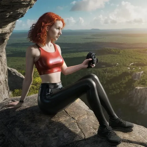 Prompt: (visionary fantasy art) a young adult woman, cute and beautiful, shoulder length curly red hair, slender wearing a Lycra crop top and high cut latex shorts sitting confidently atop a rock, Holding a camera in one hand, showcasing determination, (high-quality digital rendering), vibrant colors that evoke adventure, dynamic lighting illuminating both the woman and dog, imaginative and lush landscape behind, emphasizing courage and companionship, (Dirk Crabeth style) reminiscent of epic tales.