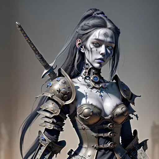 Prompt: Create a highly detailed AI defined design of a medieval hyper decaying, undead fantasy young adult woman warrior, symmetrically sensuous, perfect highly detailed Korean, quality medieval setting, detailed decaying body, no jaw bone, inspiring vibrant colors, steampunk style background, masterpiece:1.4, best quality:1.0, photo realistic