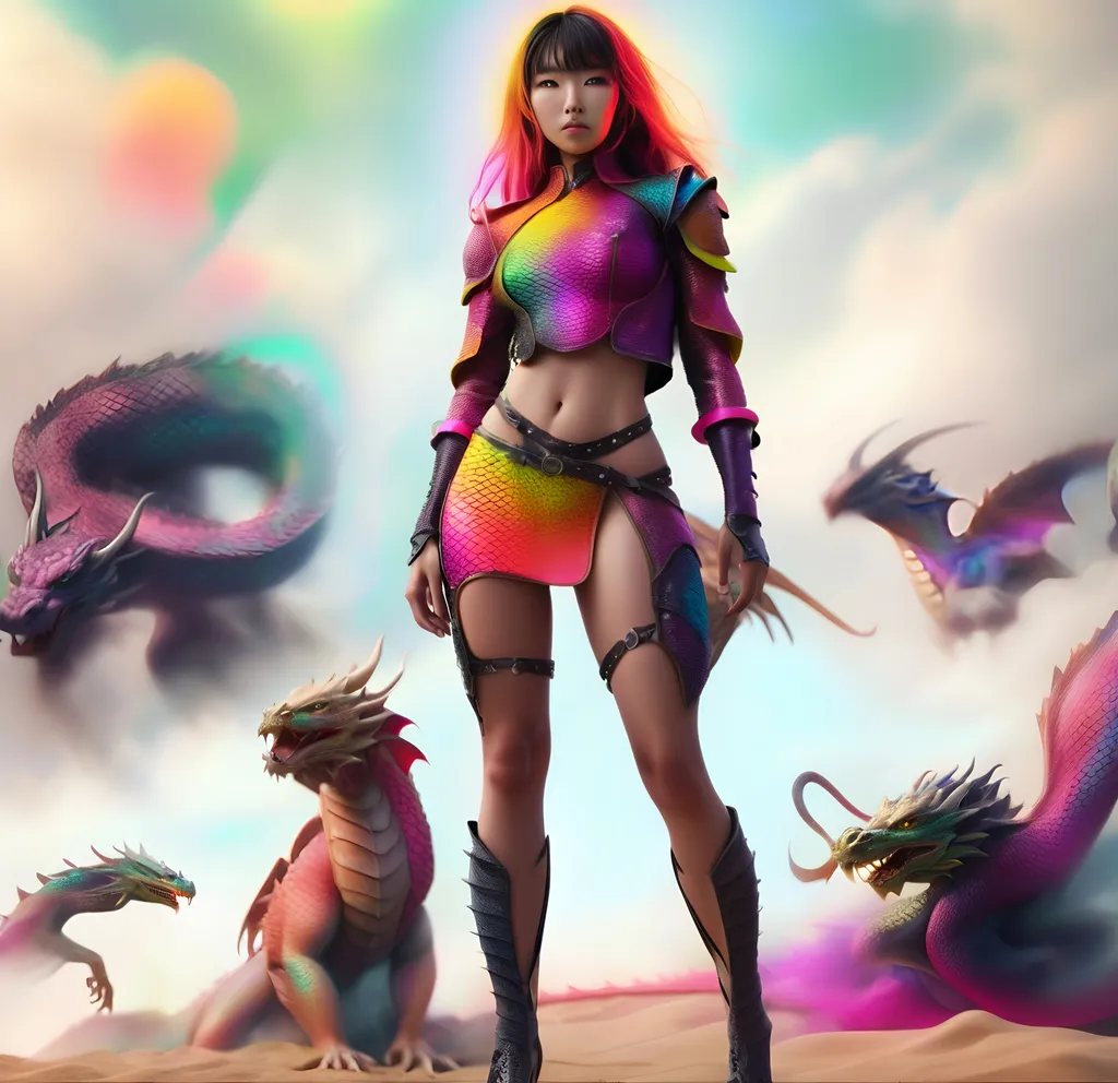 Prompt: A single, stunningly beautiful young Asian woman slender young woman undergoing a smooth and natural transformation into a female dragon her entire skin gradually blending and replacing her skin with textured multi-colored neon dragon scales. Smooth no contrast transformation as her body keeps her human form intact, ((no wings or tail)). She is wearing a two piece leather armor suit.

Her face remains human, though her eyes are sharp and dragon-like, and her body is fully covered in smooth or rough detailed dragon scales.

She stands in a dynamic pose, showcasing the seamless blend of her human figure with the dragon scales. Wearing a steam punk inspired leather top and skirt over her upper and lower transformed torso.

The background is a mystical landscape with glowing light effects that highlight her scaly transformation