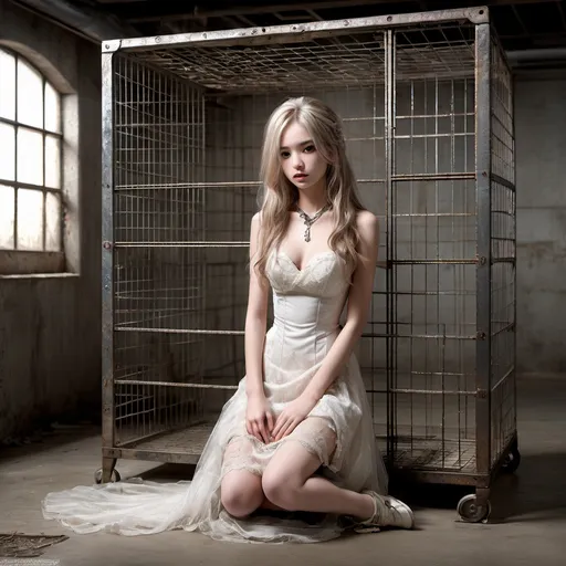 Prompt: Inimage, Ultimate modern grungy old basement cage room, Photo-realistic image, young adult AI Defined ultra girly feminine body, light feminine makeup, feminine facial structure, small flat male chest, long wavy feminine hair, random color hair, extremely feminine skinny slim waist, wearing an elegant bridal gown, (heavy iron slave collar around her neck), kneeling on the floor, Photo Realistic, RAW, artstation, splash style of dark fractal paint, contour, hyper detailed, intricately detailed, unreal engine, fantastical, intricate detail, steam screen, complementary colors, fantasy concept art, 8k resolution, deviantart masterpiece, splash arts, ultra details Ultra realistic, hi res, UHD, 64k, 3D rendering