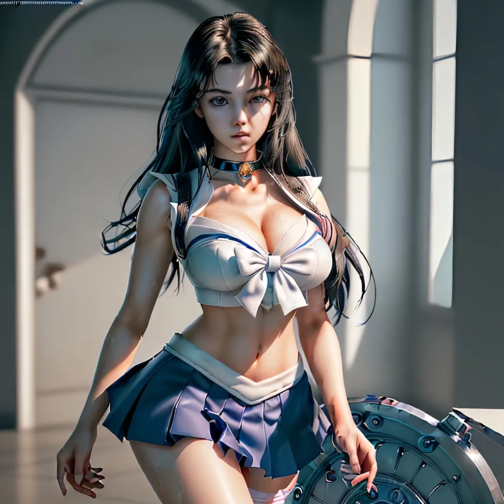 Prompt: Create a ultra photo realistic, splash art image of an exquisitely beautiful, totally realistic young adult model, hypnotized, hyper detailed, highly detailed , gorgeous innocent look skin, 4k ultra detailed facial features, school girl makeup, random hair style, detailed facial features, sumptuous cleavage, perfect body, ultra pale, visible midriff, heavy iron collar. Sailor Moon costume,

Perfect studio lighting, perfect shading, impeccable contrast, HDR, UHD, high res, 64k, cinematic lighting, special effects, hd octaneArtgerm, WLOP, dynamic studio quality lighting hyper-detailed, intricately detailed, Splash art, trending on Artstation, triadic colors, Unreal Engine 5 volumetric lighting, unreal engine, octane render.