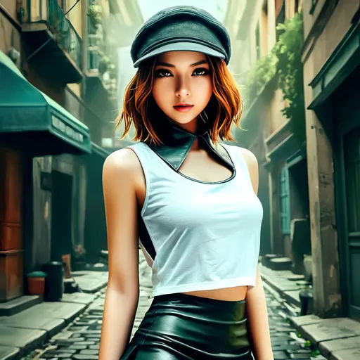 Prompt: (ultra realistic digital art), futuristic style, attractive 25-year-old feminine male street walker, ((alluring feminine facial features)), (short black leather skirt), (white loose tank top), (black thick leather collar), short stylish hair, green eyes, set in a old city alley, gold mist swirling around her, rich textures, intricate background details, HD, cinematic quality. The rendering should achieve a level of realism that brings her to life, ensuring that her expressions and features resonate with vivid detail and authenticity.