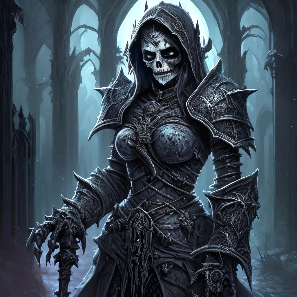 Prompt: Create a highly detailed AI defined image of a highly detailed medieval undead fantasy female death knight character in a fictional fantasy realm.

wide landscape lense, ISO 500, Aperture f/22, APS-C, Splash art, dark fantasy art, stunning bokeh, cinematic lighting and scale, super detailed, 64k, high quality perfect lighting, perfect shadows.