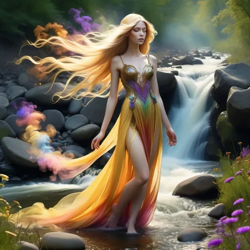 Prompt: inimage, create a photo-realistic image of a gorgeous slender faerie princess, with Knee length flowing noble gown, extra long flowing golden colored hair, made of multi-colored smoke. Standing in a meadow filled with flowers, next to a bubbling stream rushing over multi-colored river stones. Body surrounded by swirling multicolored Wisps of smoke billowing from a jewel on the noble belt wrapped tightly around her slender waist. Dense multi-colored smoke and fog filling the air. illuminated by soft, warm lighting that enhances textures in her clothing and height differences. Capture the realistic, enchanted atmosphere of a natural setting without shifting any character traits, focusing on lifelike textures, vivid colors, and sharp contrasts, UHD, 8k, zoom out, smooth, sharp focus, unreal engine 5, in studio lighting. In the style of a Romantic Fantasy Realm.