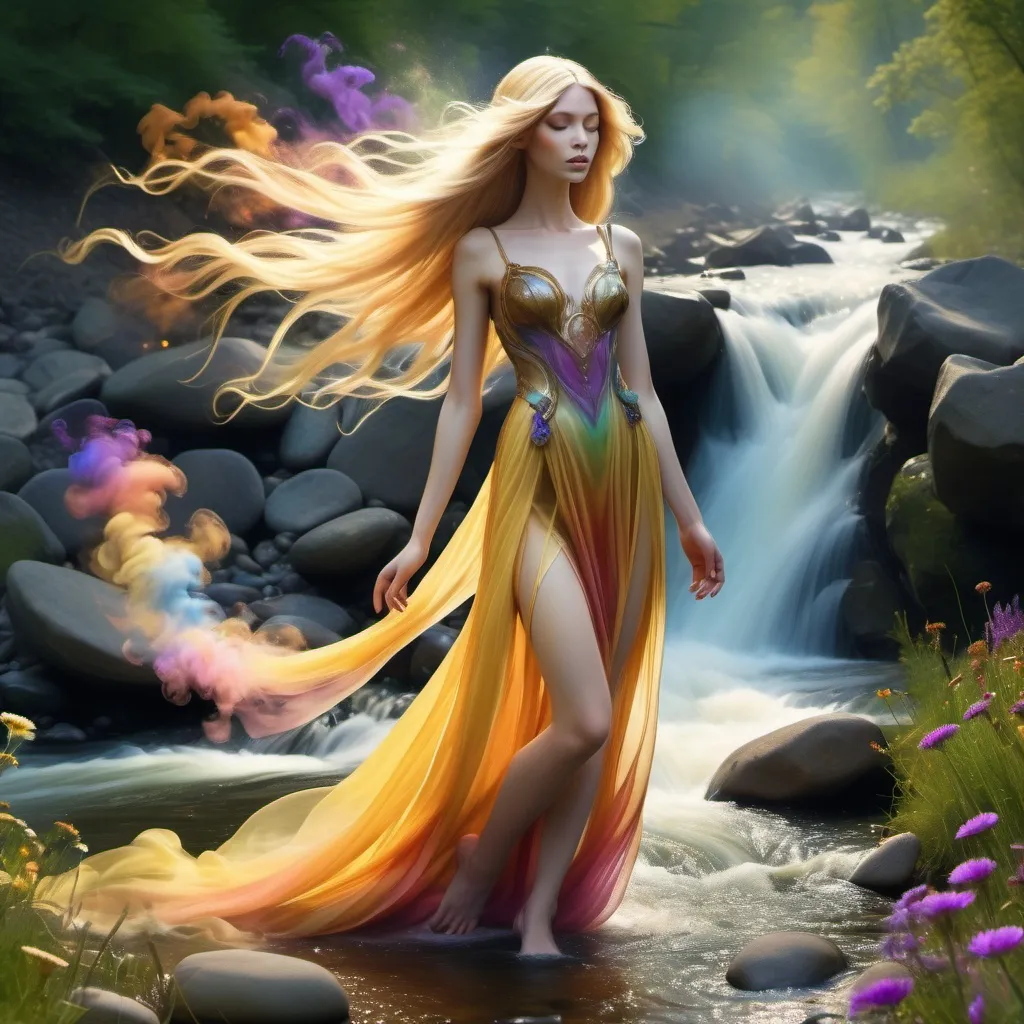 Prompt: inimage, create a photo-realistic image of a gorgeous slender faerie princess, with Knee length flowing noble gown, extra long flowing golden colored hair, made of multi-colored smoke. Standing in a meadow filled with flowers, next to a bubbling stream rushing over multi-colored river stones. Body surrounded by swirling multicolored Wisps of smoke billowing from a jewel on the noble belt wrapped tightly around her slender waist. Dense multi-colored smoke and fog filling the air. illuminated by soft, warm lighting that enhances textures in her clothing and height differences. Capture the realistic, enchanted atmosphere of a natural setting without shifting any character traits, focusing on lifelike textures, vivid colors, and sharp contrasts, UHD, 8k, zoom out, smooth, sharp focus, unreal engine 5, in studio lighting. In the style of a Romantic Fantasy Realm.