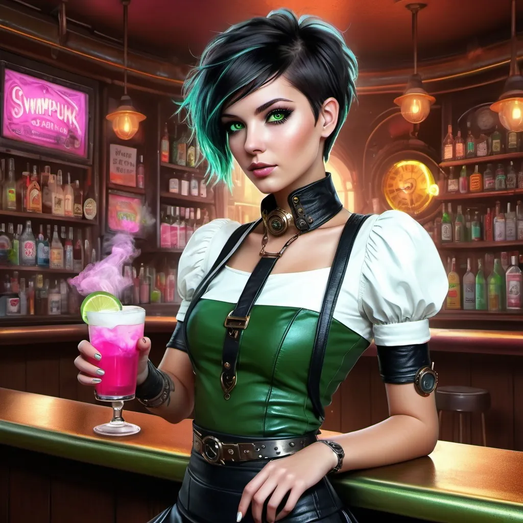 Prompt: (ultra realistic digital art), futuristic style, attractive 25-year-old feminine male, ((alluring feminine facial features)), (short black leather skirt), (white loose crop top), (black thick leather collar), short stylish hair, enticing green eyes, set in a steampunk bar, drinking a bright pink smoky beverage, gold mist swirling around her, rich textures, intricate background details, HD, cinematic quality. The rendering should achieve a level of realism that brings her to life, ensuring that her expressions and features resonate with vivid detail and authenticity.