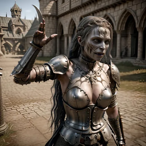Prompt: Create a highly detailed AI defined design of a movie replacement 3D Rendered highly detailed realistic undead medieval fantasy character, fighting with a living warrior princess, masterpiece:1.4, best quality:1.0, photo realistic