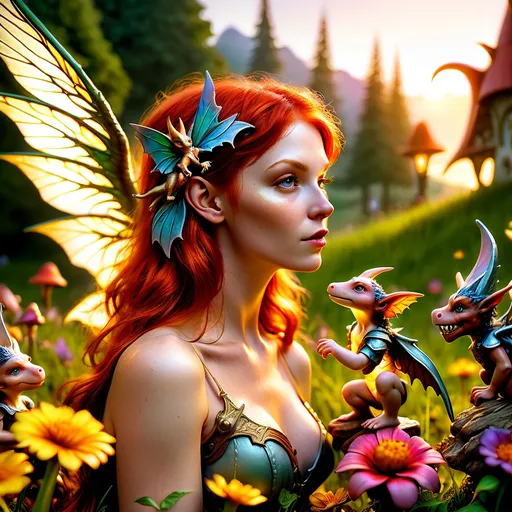 Prompt: A wide-angle, photo realistic image of a young adult gorgeous redhead "faerie Assassin woman" with wings, feeding gnomes to baby battle dragons as it stands over a lush meadow filled with vibrant flowers. The scene is bathed in the warm glow of the golden hour, with dynamic, mysterious lighting that highlights the faerie's shimmering skin. Emphasizing incredible detail and hyper-realistic elements. The color palette utilizes triadic colors, creating a stunning visual effect. This cinematic film still captures the essence of a masterpiece in 8K resolution.