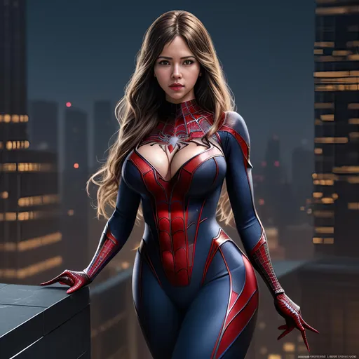 Prompt: Create a highly detailed AI defined image of a highly detailed beautifully stunning ultra cute adult finely detailed fantasy American woman, massive cleavage, wearing an alluring enticing skin tight Amazing Spider Man costume, standing on a city roof top, 

Award winning magazine image, cinematic lighting and scale, super detailed, 64k, high quality perfect lighting,