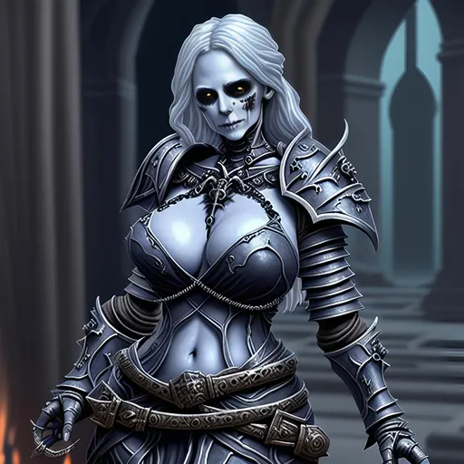 Prompt: Create a highly detailed AI defined image of a highly detailed sensuous, ample cleavage, medieval undead fantasy female death knight character in a fictional fantasy realm.
