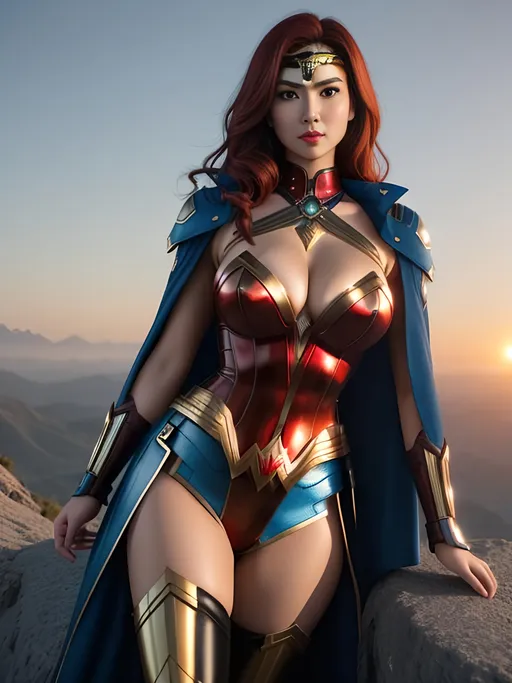 Prompt: Create a highly detailed AI defined full body image of an amazingly perfect, ultra gorgeous, stunning, uber "Girl Next Door Look" Asian adult woman, short cut redhead, Wonder Woman, 

wearing steampunk style hyper enticing futuristic battle tech, ample cleavage on display, draped in an Israeli flag. on a mountain top at sunrise,

Award winning super detailed high gloss latex, hyper detailed image, cinematic lighting and scale, super detailed, 64k, high quality perfect lighting,