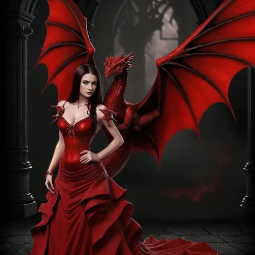 Prompt: a woman dressed in a red dress with a dragon wings on her shoulder and a red dress on her body, Anne Stokes, gothic art, dark fantasy art, computer graphics