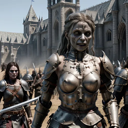 Prompt: Create a highly detailed AI defined design of a movie replacement 3D Rendered highly detailed realistic undead medieval fantasy character, fighting with a living warrior princess, masterpiece:1.4, best quality:1.0, photo realistic