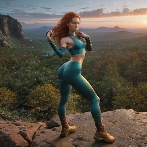 Prompt: Wide angle, (visionary fantasy art) photo realistic image of a super cute young adult woman, beautiful shoulder length curly red hair, beautiful, slim, slender and athletic body. 

Wearing a Lycra crop top and low cut form fitting spandex leggings, hiking boots. 

Confidently and dynamically posed atop a rock on a mountain, peering outward during a vibrant and gorgeous sunrise. showcasing determination, (high-quality digital rendering), 

Vibrant colors that evoke adventure, dynamic lighting illuminating the woman majestically, imaginative and lush highly detailed, high rugged mountain landscape with a large waterfall cascading behind her, reminiscent of epic tales.

Golden hour warmth. Dynamic soft lighting, shimmering bokeh. Best quality. 8k resolution. Masterpiece. Incredible detail. Hyper-realistic vivid digital art influences. Stunning color palette. Triadic colors. Cinematic film still. Creating a Legendary fantasy heroine.