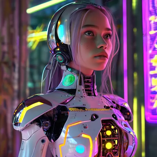 Prompt: Modern 25-year-old ultra petite woman, attractive), (long hair), (soft feminine features), (soft facial features), wearing a short top. standing next to a (robot with a glowing light on its chest), (neo-romanticism), (cybernetics), (cyberpunk art), (vibrant colors), (futuristic background), dramatic contrasts of light and shadow, time traveling (highly detailed), (HD), evoking a blend of elegance and technology.