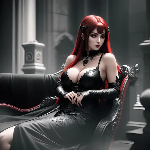 Prompt: sensuous young adult female hell, demon, light armor with ample cleavage ,long red hair with black highlights, black conjunctiva with red iris, gothic style clothes , sitting on a hell throne in a gothic throne style throne room, parted bangs, ethereal, royal vibe, highly detailed, digital painting, Trending on artstation, Big Eyes, artgerm, cinematic 3d volumetric, distorted time lapse, wide landscape mode, ISO 1500, Aperture f/2.5, APS-C, RAW, Splash art, dark fantasy art, stunning bokeh, super detailed, 64k, high quality perfect lighting, perfect shadows.