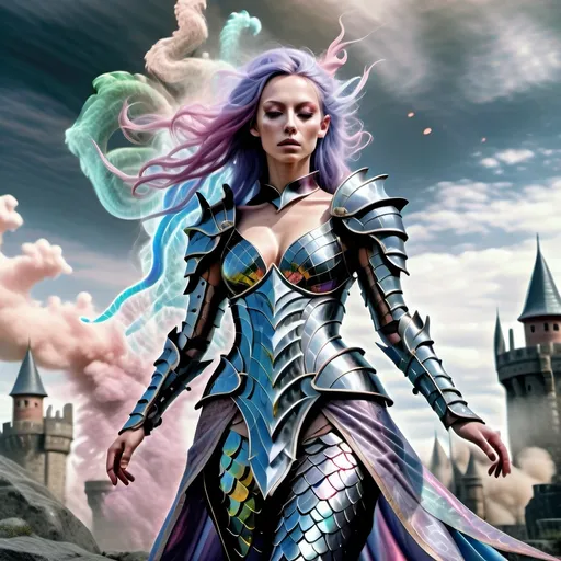 Prompt: Body surrounded by swirling multicolored large Wisps of smoke billowing from the ground, standing in dynamic poses,

She stands in a dramatic, dynamic pose. Wearing dragon scale armor, form fitting, stylistic and heavily detailed. preparing for battle on a surreal Medieval battle field