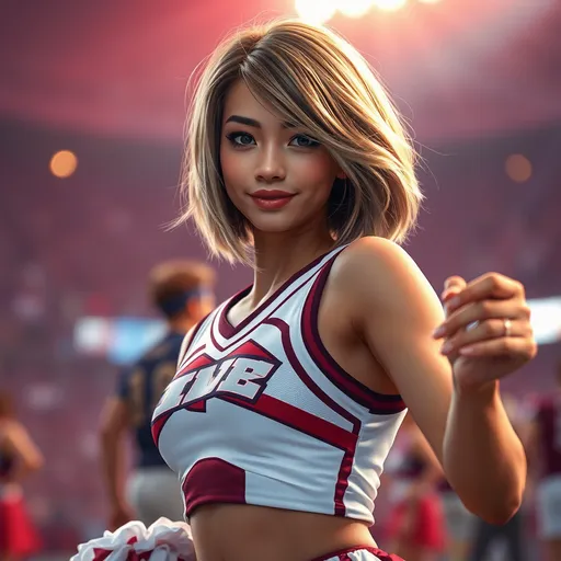 Prompt: (ultra realistic digital art), Create an adult ultra feminine and petite looking male, (wearing a cheerleader uniform), ((ultra soft petite feminine facial features, no adam's apple)), medium length bob cut random color hair, dancing at a college football game, warm and inviting hues, emphasizing the softness of light, creating a cozy ambiance, extraordinary detail, rich textures, atmospheric depth, high-quality image, elaborate backdrop.