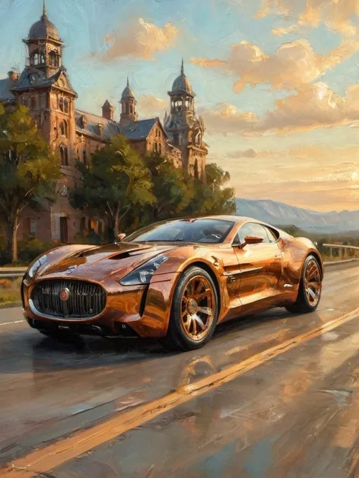 Prompt: Imagine a steampunk style supercar racing down an open highway, its sleek curves and shiny details reflecting the sunlight. The car's design is a bold fusion of cutting-edge technology and steampunk aesthetics, featuring brass accents, exposed gears, and intricate clockwork mechanisms integrated into its body. A close-up reveals the shimmering paint, reminiscent of polished copper, and the elegant, vintage-inspired dashboard filled with dials and gauges, embodying the spirit of adventure and innovation as it blurs past the highway landscape.