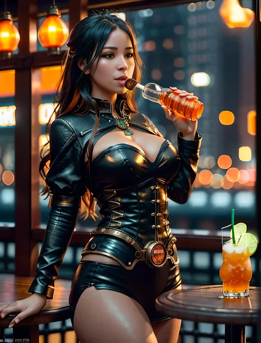 Prompt: Generate a high definition, 64K, cinematic lighting, ultra quality, ultra detailed photo realistic image of a beautiful woman drinking an orange soda from a glass bottle. In a steampunk bar,

wide landscape lense, ISO 500, Aperture f/22, APS-C, Splash art, dark fantasy art, stunning bokeh, cinematic lighting and scale, super detailed, 64k, high quality perfect lighting, perfect shadows.