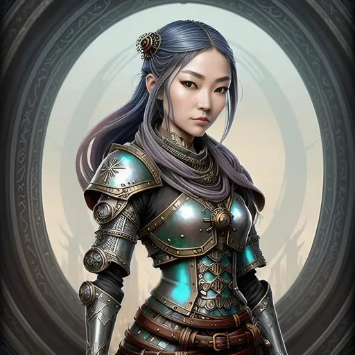 Prompt: Create a highly detailed AI inspired medieval fantasy character image, perfectly exaggerated symmetrical Asian feminine features, serene expression, in the style of highly detailed modern fantasy rogue, steampunk influence in character and background style, airbrushed matte oil painting, amazingly vibrant majestic colors, masterpiece:1.4, best quality:5.0, photo realistic, bokeh