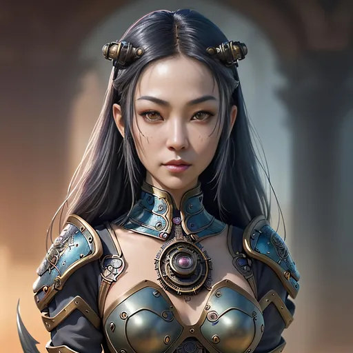 Prompt: Create a highly detailed AI inspired medieval fantasy character image, perfectly exaggerated symmetrical Asian feminine features, serene expression, in the style of highly detailed modern fantasy rogue, steampunk influence in character and background style, airbrushed matte oil painting, amazingly vibrant majestic colors, masterpiece:1.4, best quality:1.0, photo realistic, blurred bokeh