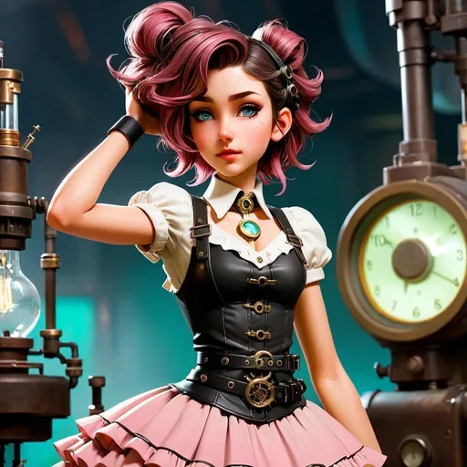 Prompt: (Steam punk style), In a mad scientists lab, high-tech instruments and glowing screens, a 25-year-old (full body) of an ultra petite person), random length hair, random single color hair, (soft adult feminine facial features), exquisitely small waist, (black steel collar), wearing a steampunk style (ultra kawaii cute frilly pink petticoat dress) and a black leather utility belt, warm color tones creating a cozy atmosphere, (ultra-detailed, HD) quality.