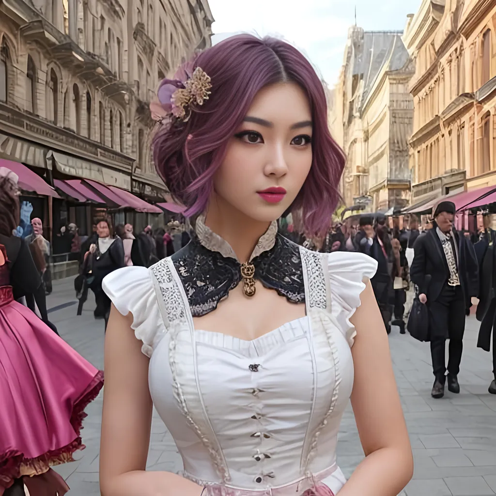 Prompt: Inimage, Zoomed in Ultimate modern glamorous steampunk art in a busy Victorian town square, Photo-realistic image, young adult Asian, beautiful slender feminine features, heavy feminine makeup, pink lips, heavy blush, lilac eye shadow, thick eyelashes, secure dark leather full body harness, wavy short bob hair style, random color hair, Pinafore dress, Photo Realistic, RAW, artstation, splash style of dark fractal paint, contour, hyper detailed, intricately detailed, unreal engine, fantastical, intricate detail, steam screen, complimentary colors, fantasy concept art, 8k resolution, deviantart masterpiece, splash arts, ultra details Ultra realistic, hi res, UHD, 64k, 3D rendering