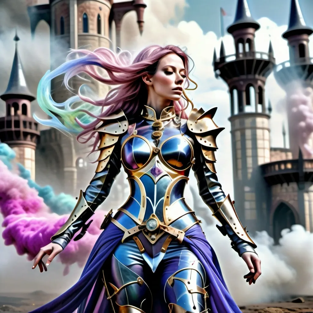 Prompt: Body surrounded by swirling multicolored large Wisps of smoke billowing from the ground, standing in dynamic poses,

Wearing Steampunk Golden Plate Form Fitting, stylistic and heavily detailed Armor. as she is in a dynamic pose preparing for battle on a surreal Medieval battle field