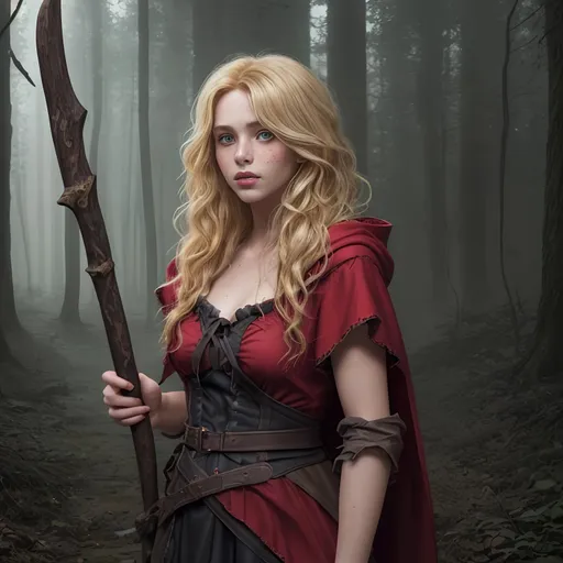 Prompt: Create the Image of a gorgeous young adult Brothers Grimm blonde red riding hood with random natural hair style and colors, perfectly detailed cute face, full luscious lips, natural freckles, perfect body composition,

standing in the middle of a dark dystopian forest, carrying an axe to fight the big bad wolf,

hyper realistic, super detailed, 8k, high quality, trending art, trending on artstation, sharp focus, studio photo, perfect lighting and shadows.