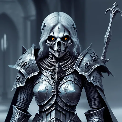 Prompt: Create a highly detailed AI defined image of a highly detailed medieval undead fantasy female death knight character in a fictional fantasy realm.