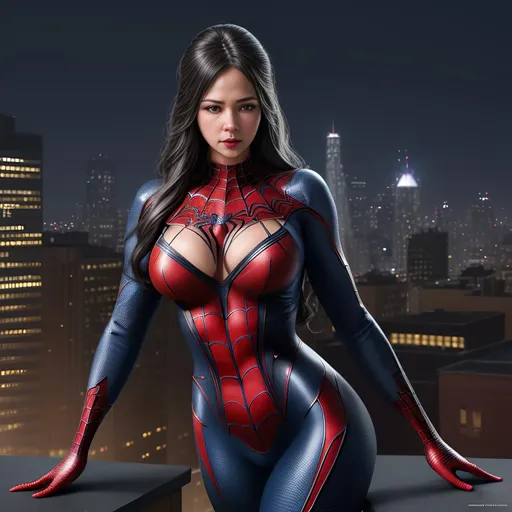 Prompt: Create a highly detailed AI defined image of a highly detailed beautifully stunning ultra cute adult finely detailed fantasy American woman, massive cleavage, wearing an alluring enticing skin tight Amazing Spider Man costume, standing on a city roof top, 

Award winning magazine image, cinematic lighting and scale, super detailed, 64k, high quality perfect lighting,