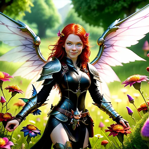 Prompt: Wide-angle, photorealistic image of a striking young redheaded faerie assassin with shimmering wings, wearing sleek, dark armor, standing confidently in a lush meadow filled with vibrant flowers. She holds a small gnomes by the back in the air showing it to a baby battle dragon at her side, with a mischievous smile on her face. The scene is bathed in the warm golden hour glow, casting dynamic, mysterious lighting that highlights the details of her shimmering skin and the dragon’s scales. Rendered in incredible detail with hyper-realistic textures and vivid colors. The triadic color palette creates a visually stunning masterpiece effect. Cinematic film still in 8K resolution.