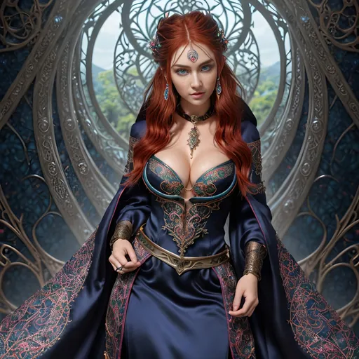 Prompt: Create a full body, fantasy style ultra Intricate detailed mythical style "top of the world". Focused on an hyper cute young slender female random color hair woman, intricately detailed piercing blue eyes, alluring gaze, healthy features and skin, red hair, proportionate cleavage, wearing an iron slave collar, wearing multi color silk robes,

Professional Photo Realistic Image, RAW, artstation, splash style dark fractal paint, contour, hyper detailed, intricately detailed, unreal engine, fantastical, intricate detail, steam screen, complementary colors, fantasy concept art, 8k resolution, deviantart masterpiece, splash arts, ultra details Ultra realistic, hi res, UHD, 64k, 2D art rendering, depth of field 4.0, APSC, ISO 1600, zoom 0.5