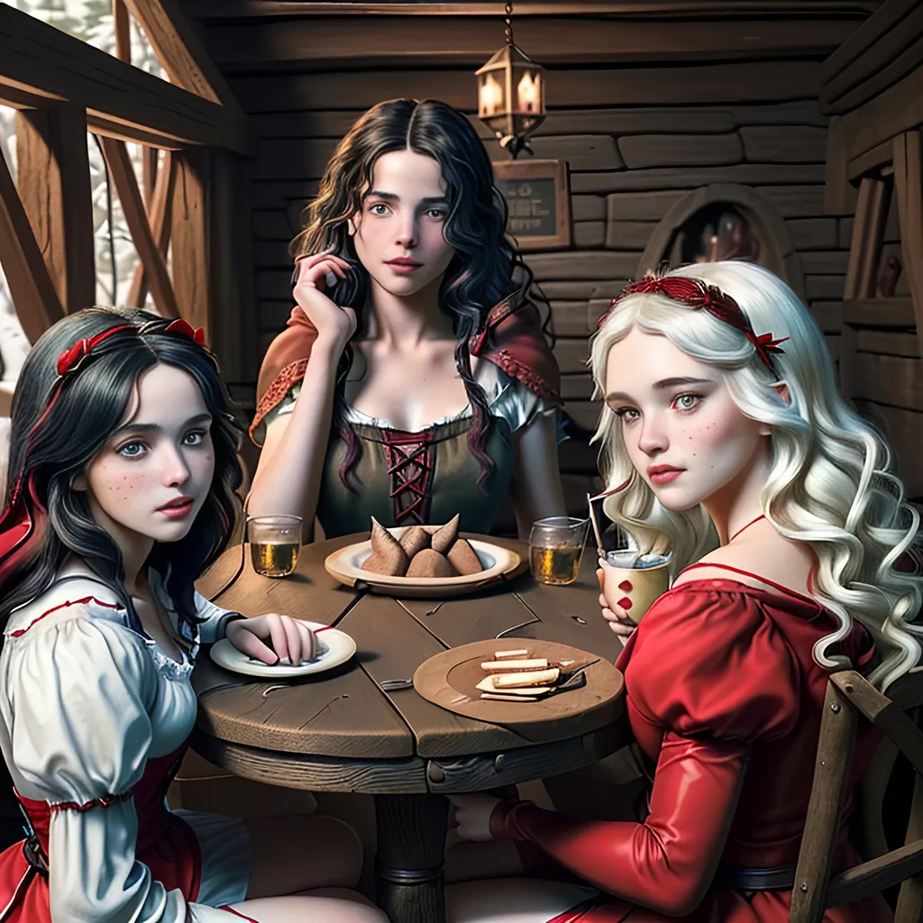 Prompt: Create the Image of a gorgeous young adult Brothers Grimm depiction of young adult "Red Riding Hood", young adult "Snow White" and young adult "Gretel" with random natural hair colors, perfectly detailed cute face, full luscious lips, natural freckles, perfect body composition,

meeting in a tavern, sitting at a table drinking mead,

hyper realistic, super detailed, 8k, high quality, trending art, trending on artstation, sharp focus, studio photo, perfect lighting and shadows.