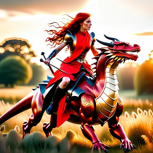 Prompt: Wide angle, photo realistic image of a gorgeous Victorian Era Warrior Woman with long flowing red hair, riding on the back of a red and gold 6 legged dragon over a meadow.

Golden hour warmth. Dynamic, mysterious lighting, shimmering bokeh on her skin. Free-flowing brush strokes, reminiscent of John William Waterhouse. Best quality. 8k resolution. Masterpiece. Incredible detail. Hyper-realistic vivid digital art influences. Stunning color palette. using gold Triadic colors. Cinematic film still.