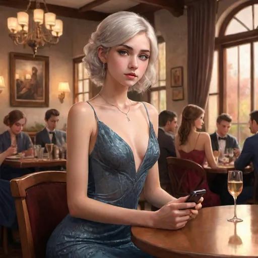 Prompt: (ultra realistic digital art), 20 year old petite feminized male, wearing (tight evening gown), ((ultra soft petite feminine facial features, no adam's apple)), shoulder length random color hair, intently looking at a friend while holding an i-phone, sitting at a dining table in a restaurant, a waiter in the background, warm and inviting hues, emphasizing the softness of light, creating a cozy ambiance, extraordinary detail, rich textures, atmospheric depth, high-quality image, elaborate backdrop.