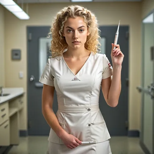 Prompt: highly detailed Leonardo Da Vinci style image of a young 25-year-old (full body)  ((nurse holding a large syringe in her hand)), blonde curly hair, looking intently at the camera, wearing a form fitting nurses dress uniform. In a medical exam room.